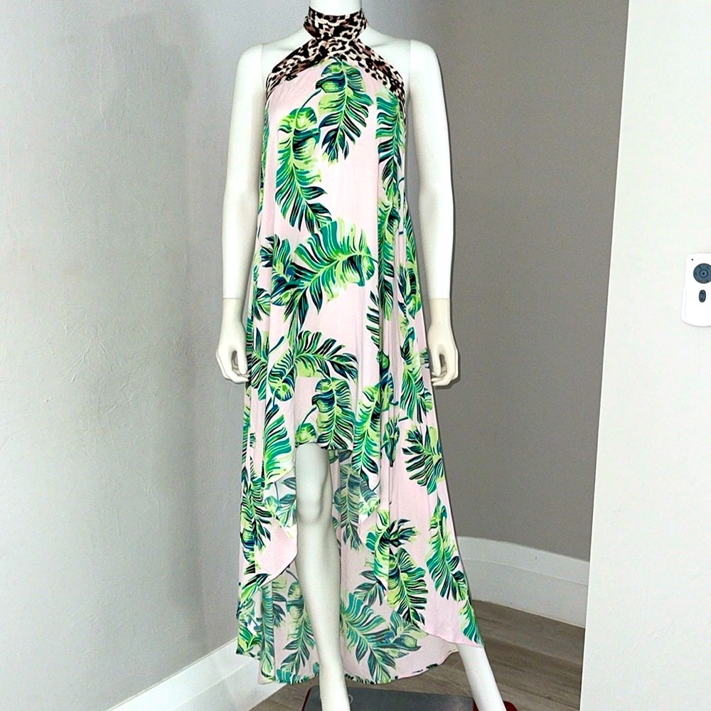 M VENUS Swim/Bikini Beach Cover up  HIGH LOW Dress light pink green leaf leopard